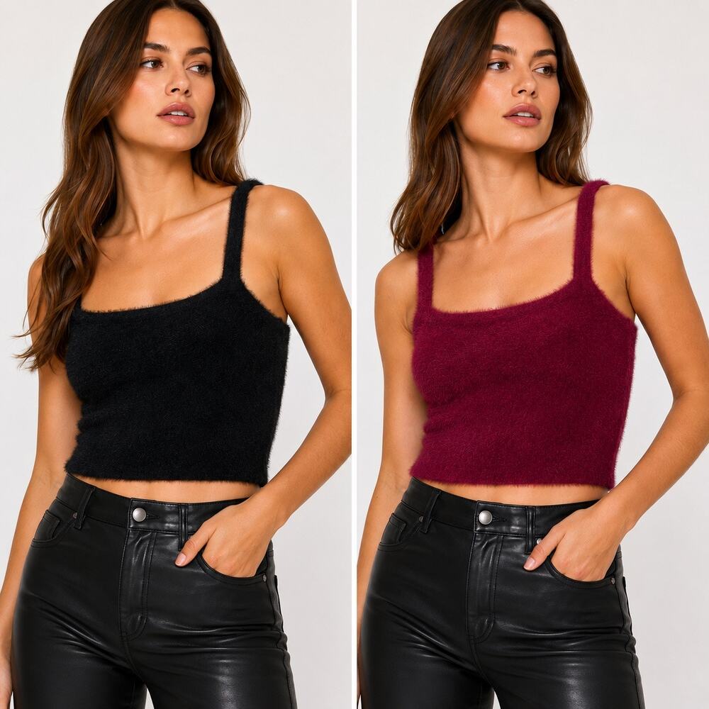 Susana Monaco Set of 2 Faux Fur Tank Tops Black Burgundy NWOT S